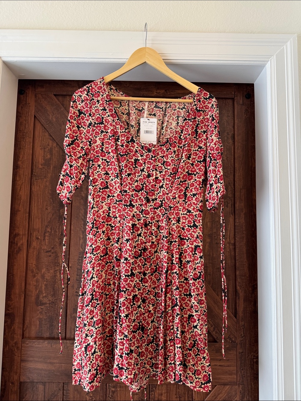 Free People Red Floral Tie-Sleeve Fit & Flare Dress